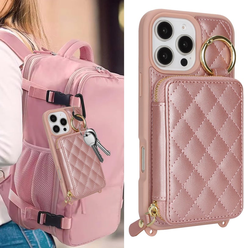 Hamany Crossbody Wallet Case for iPhone 16 Pro Max, PU Leather Zipper Handbag Purse Flip Cover, Kickstand Folio Case with Card Slots Holder Wrist Strap Lanyard 5G 6.9 Inch-Rose Gold - Image 3